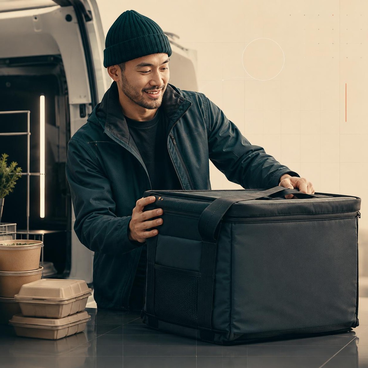 Delivery driver preparing an insulated bag beside a van